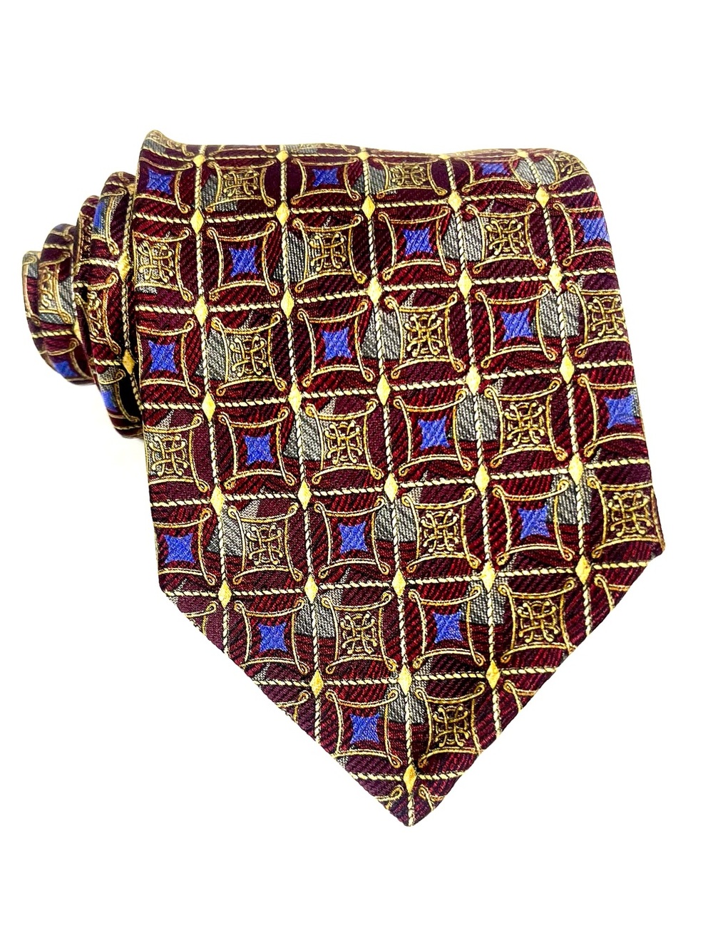 Robert Talbott Seven Fold Silk Tie Burgundy with Gold and Blue Geometric Motif